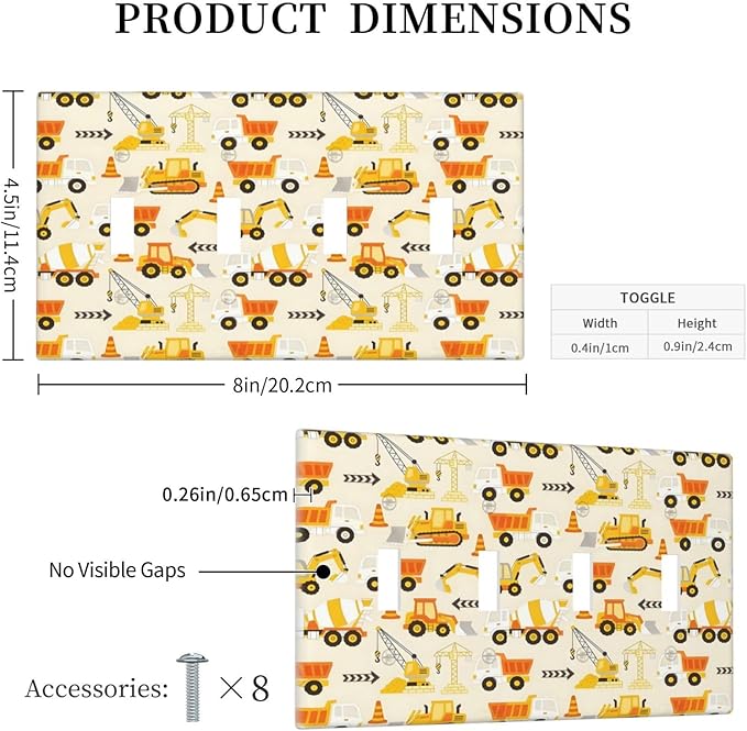 Decorative Light Switch Cover Plate Construction Vehicle Yellow Trucks Diggers 4 Gang Wall Plates for Electrical Quad Toggle Switch Plate Covers Outlet Covers Faceplate for Home Decor