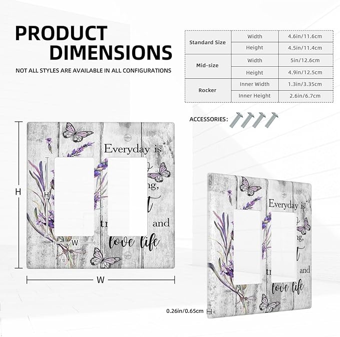 Outlet Covers Purple Lavender Flower Butterfly on Wood Plank 2 Gang Wall Plate Double Rocker Light Switch Cover Inspirational quotation Floral Decorative GFCI Receptacle Cover Electrical Switchplate