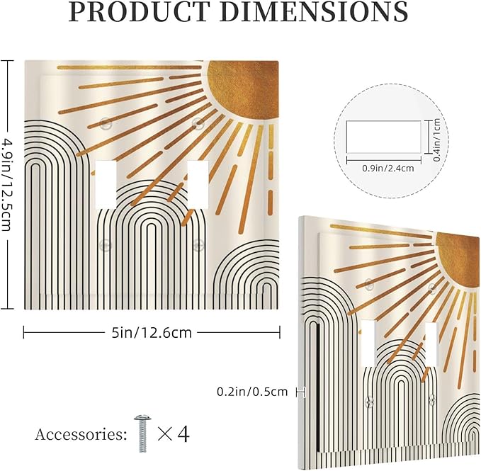 Mid Century Beige Boho Abstract Sun Vintage Arch Double Toggle Light Switch Covers Decorative 2 Gang Wall Plate Electrical Faceplate Switchplate for Country Bathroom Bedroom Living Room Decor