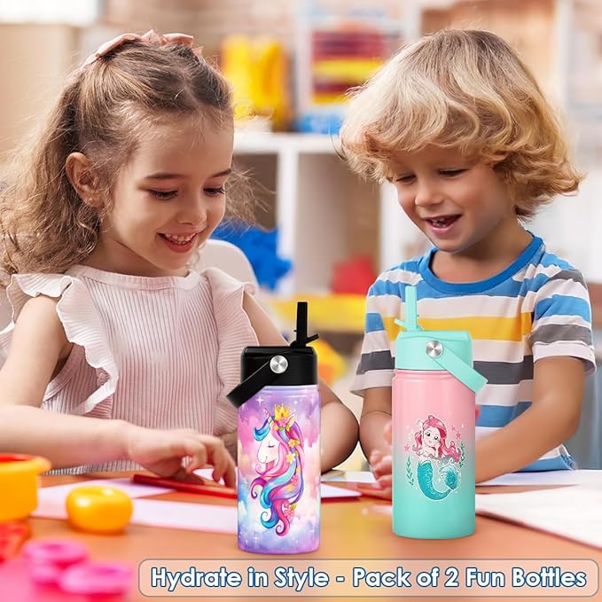 Kid Water Bottle 12oz with Straw Lid - 2-Pack Insulated Stainless Steel Water Bottles for Kids Girls - Travel Cup for Back to School Sports Christmas Birthday (Unicorn & Mermaid)