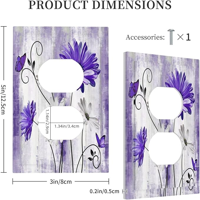 Purple Daisy Butterfly Boho White Floral 1 Gang Wall Plate Cover Receptacle Duplex Light Switch Cover Plate Single Dual Plug Covers Electrical Switchplate