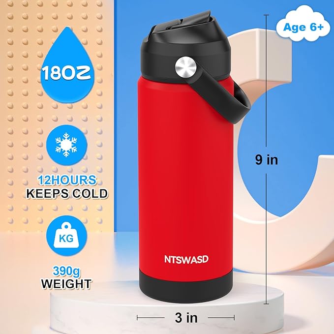Kids Water Bottle with Straw,18 oz Boys Insulated Cups with Stainless Steel Leak Proof for School,Sport&Travel（Red）