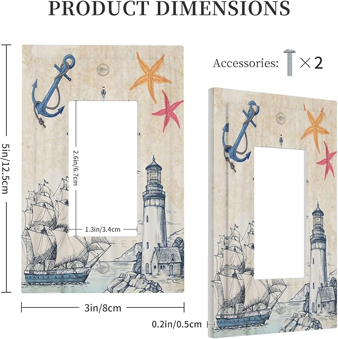 Nautical Sailboat Beach Anchor Pirate Beacon Ocean 1 Gang Rocker Light Switch Covers Decorative Single Decora Outlet Wall Plate Faceplate Switchplate GFCI for Farmhouse Bathroom Bedroom Decor