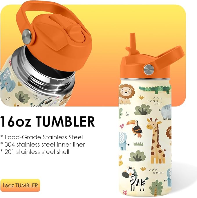 16oz Kids Wild Animal Water Bottle with Straw Lid, Stainless Steel Insulated Tumbler, Leakproof, BPA-Free, for Boys & Girls, Travel - Forest Friends Nature Lovers Birthday Gift Cup (1pc)