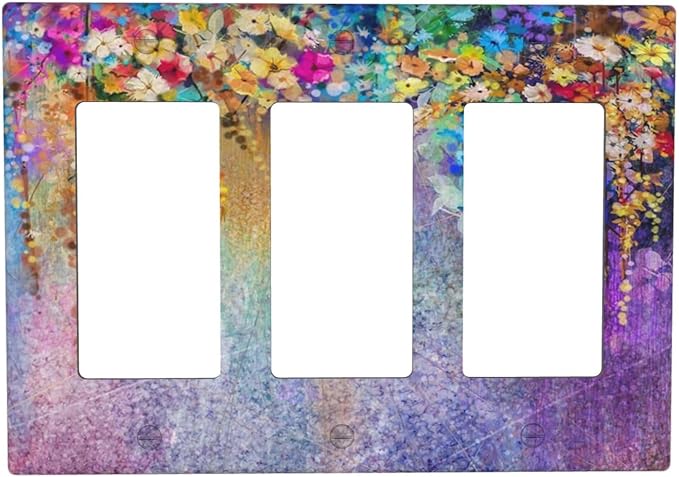 Colorful Floral Watercolor Flower 3 Gang Rocker Light Switch Plate Purple Triple Decora Outlet Wall Plate Cover Faceplate Decorative Switchcovers GFCI for Farmhouse Bathroom Bedroom Decorate