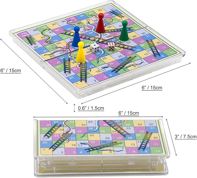 Mini Snakes and Ladders Board Game Set -6″, Magnetic Folding Travel Board Game for Kids (Pocket Crystal Style)