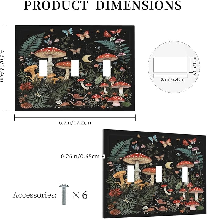 Cartoon Floral Mushroom forest Butterfly Flowers Decorative Switch Plates 3 Gang Wall Plate Faceplate Electrical Wall Panels Triple Toggle Light Switch Cover for Bedroom Kids Room Decor