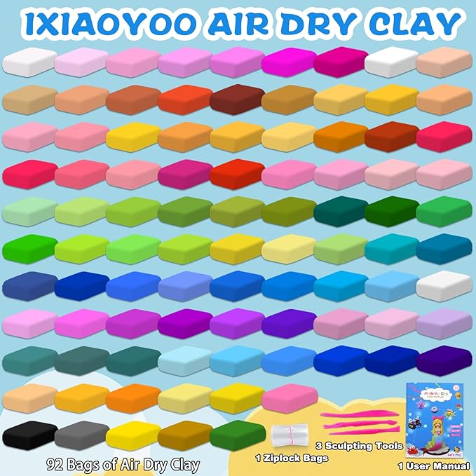Ixiaoyoo Air Dry Clay for Kids, 92 Colors Magic Modeling Clay, Children's DIY Model Arts & Crafts Kit, Soft & Non-Sticky, Birthday & Christmas Toy Gift for 3-12 Years Old Girls & Boys Kids