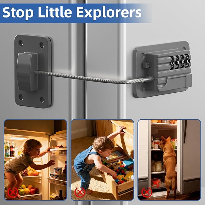 RORMGO Refrigerator Lock, Heavy Duty Fridge Locks for Kids, Freezer Lock with Combination for Refrigerator Drawer Cabinet Safety, Easy to Install No Keys Needed Grey, 2 Packs