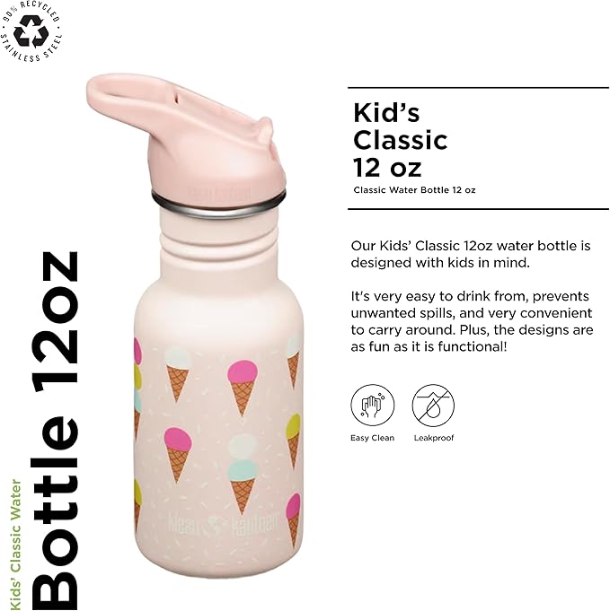 Klean Kanteen 12 oz Classic Kid's Water Bottle with Flip Seal Sport Cap & Straw - 100% Leakproof Cap - Durable Stainless Steel Material - Lightweight & Easy-Grip - BPA-Free - Ice Cream