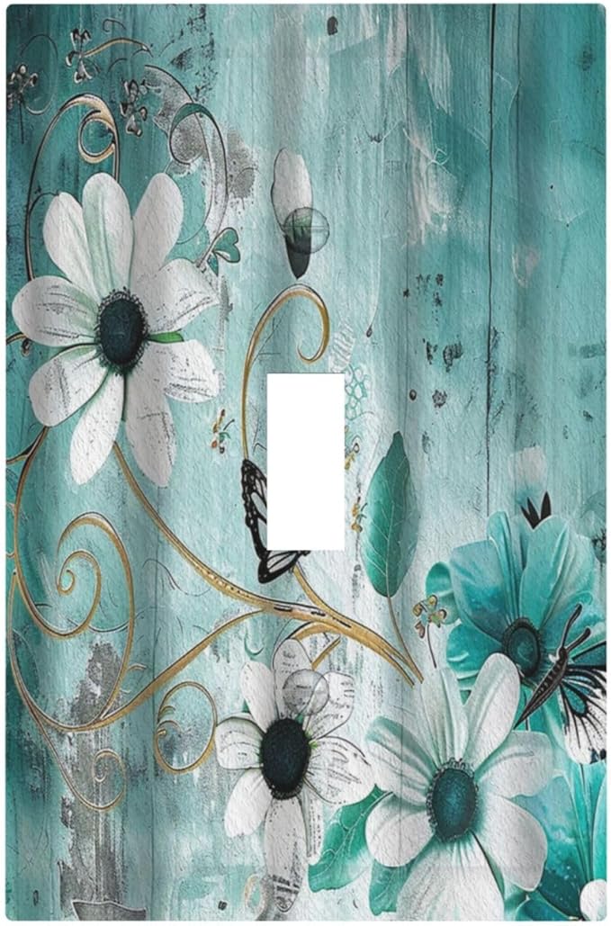 Decorative Switch Plate Covers Turquoise Flowers and Butterflies Rustic Teal White Floral 1 Gang Wall Plate Single Toggle Light Switch Cover Plate Electrical Switchplate Receptacle Faceplate