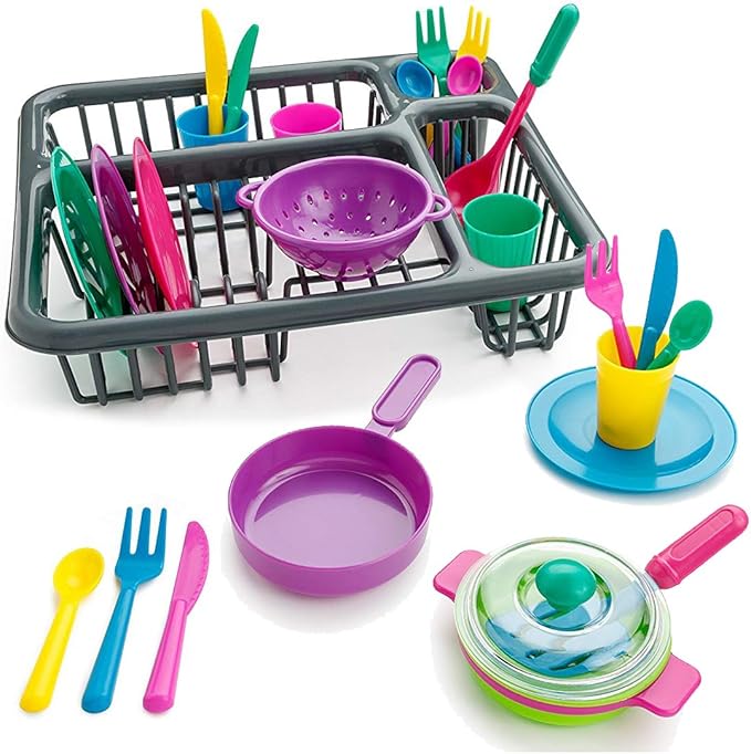 28 PCS Kids Pretend Play Dishes Kitchen Playset - Wash and Dry Dish Rack Toy with Drainer, Kitchen Tableware Sets for Toddlers