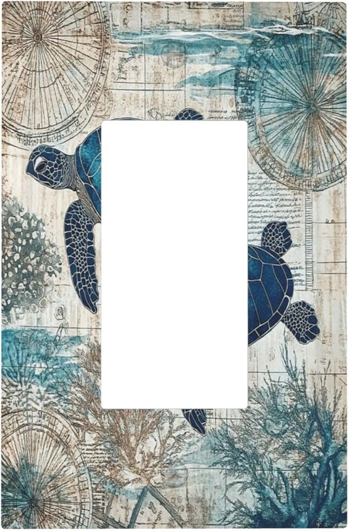 Blue Green Sea Turtle Tropical Ocean Coral Nautical Map Decorative Outlet Covers 1 Gang Single Rocker Light Switch Cover Plate Wall Plates Gfci Faceplate For Bed Room Bathroom Decor