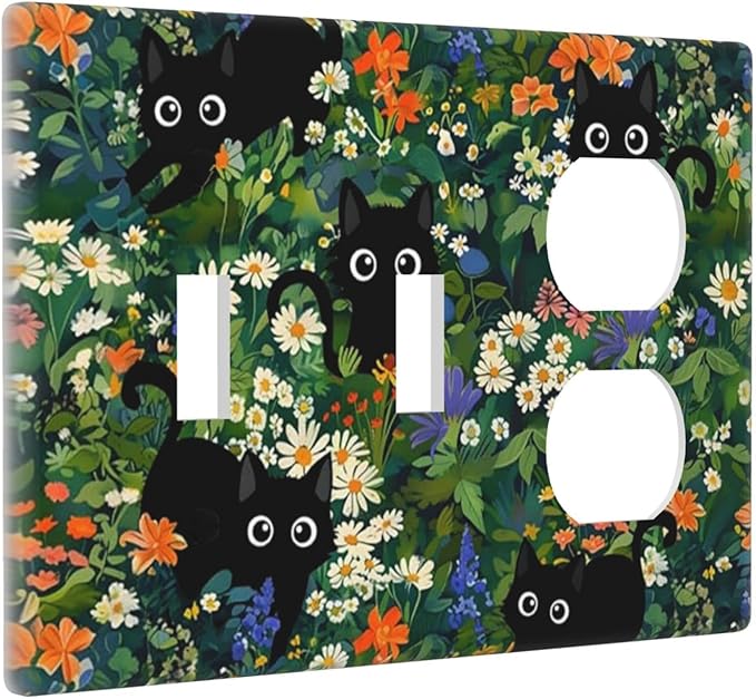 Black Boho Green Leaves Floral 3-Gang 2-Toggle 1-Duplex Receptacle Combination Light Switch Decorative Triple Combo Device Switches/Rocker Outlet Covers and Wall Plate