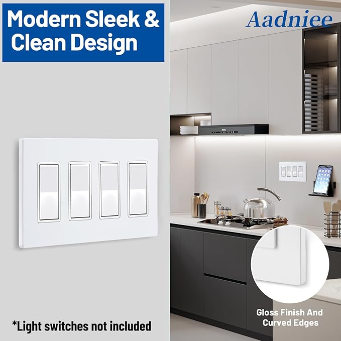 4-Gang Screwless Decorator Wall Plates, Decorative Child Safe Outlet Covers, Standard Size 4.68" x 8.32" Hidden Screw Switch Plate, Unbreakable Thermoplastic (2 Pack, Gloss White)