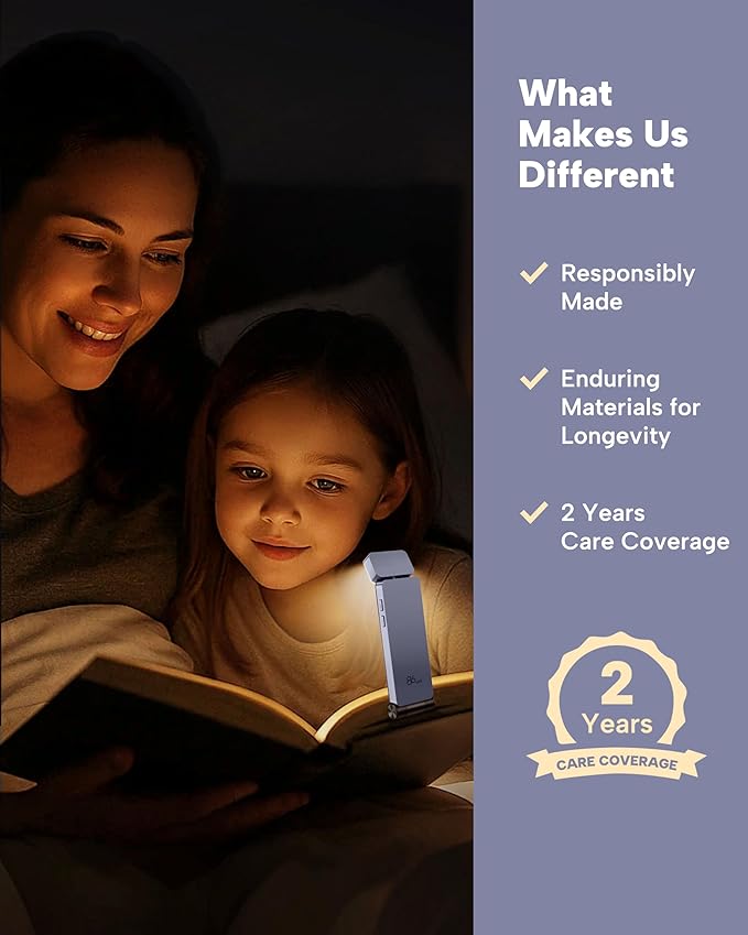 86lux Book Light, Rechargeable Clip-On LED Reading Light for Bed & Night Use - 3 Color Temperatures with Stepless Dimming, Ultralight Bookmark Design for Kids, Book Lovers, Purple