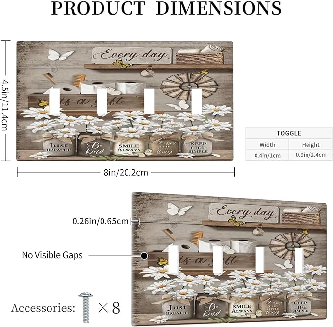 Rustic Daisy Flower Butterfly Inspirational Cottage Light Switch Covers Quad Toggle Electrical Faceplate 4 Gang Wall Plate Decorative Switch Plates Cover for Farmhouse Bedroom Decor