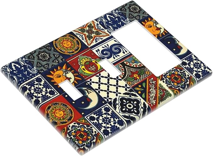 Boho Moroccan Mandala Mexican Tiles 3-Gang 2-Toggle 1-GFCI/Decorator Combination Light Switch Decorative Triple Combo Device Switches/Rocker Outlet Covers and Wall Plate