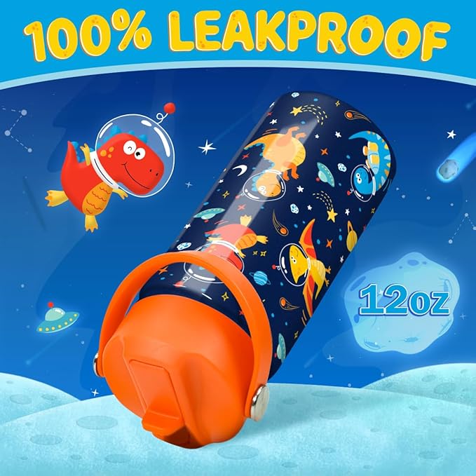 Kids Water Bottle with Straw Lid - 12 Oz Insulated Stainless Steel Dinosaur Water Bottles for Kid Boys - Travel Cup for School Sports