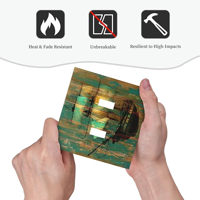 Decorative Switch Plates Rustic Green Wood Grain Sailboat 2 Gang Double Toggle Wall Plate Outlet Light Switch Cover Electrical Faceplate for Farmhouse Bedroom Decor
