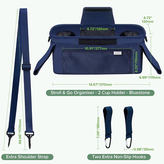 haakaa Stroll & Go Organiser - 2 Cup Holders - Bluestone, Ultimate Stroller Organizer Universal Fit with Adjustable Non-Slip Straps & Hooks, Stroller Caddy Accessories with Shoulder Strap