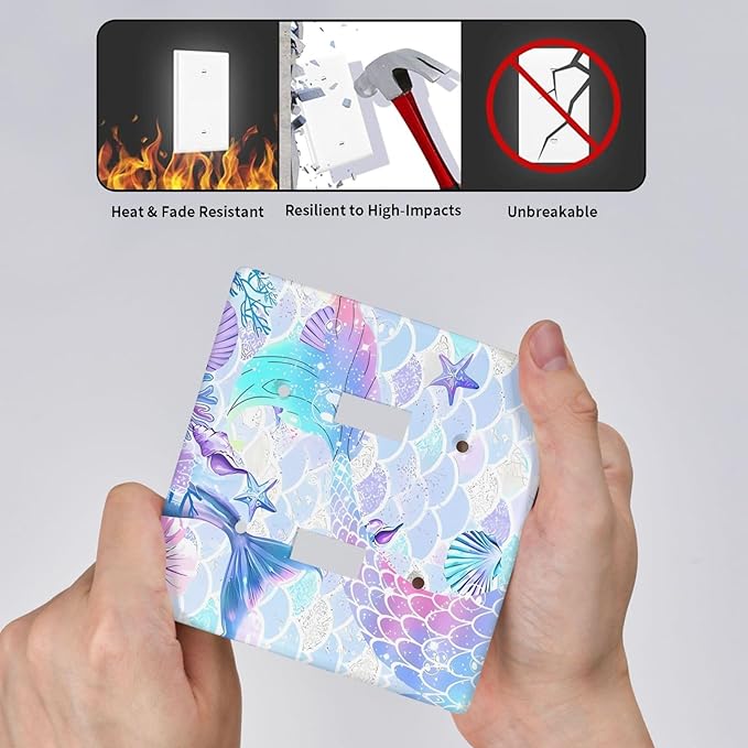 Mermaid Girl Light Switch Cover Plates Decorative 2 Gang Double Toggle Wall Plate Electrical Switchpalte Faceplate for Kid Bedroom Home Bathroom Decor 4.5" x 4.5"