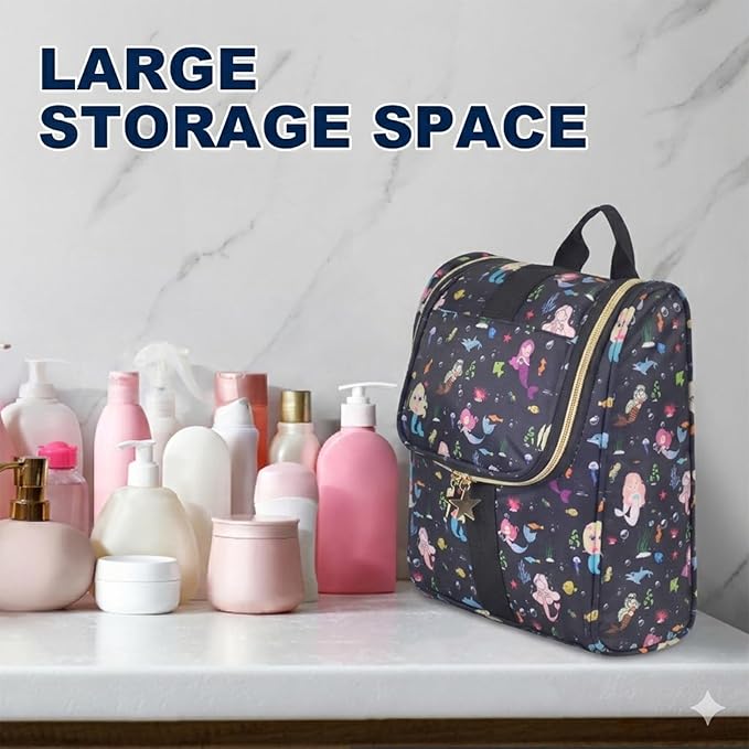 Remobia Hicol Cute Cartoon Hanging Kids Toiletry Bag Children Travel Cosmetic Makeup Organizer Wash Bag Shower bag Over Night Bag Camping Shaving Kit Bag for Boys & Girls (Mermaid Black)