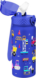 Kids Water Bottle, GOPPUS 18 oz Insulated Water Bottle with Straw, Double Vacuum Leakproof, BPA Free, for Boys and Girls, Blue Construction Truck