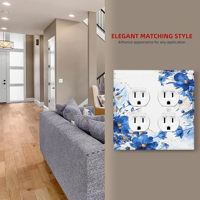 Klein Blue Flowers Watercolor Golden White Floral Outlet Covers 2 Gang Double Duplex Decorative Light Switch Covers Electrical Wallplates Socket Faceplate for Bedroom Living Room Decor