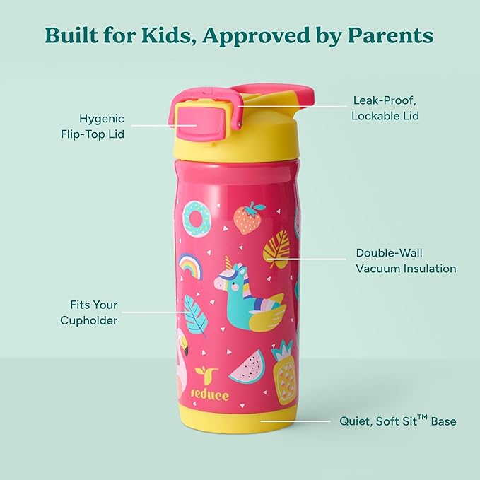 Reduce Hydrate Pro Kids 14oz Stainless Steel Insulated Water Bottle w/Straw – Spill Proof Tumbler for Kids – 30 Hour Cold Retention – Dishwasher Safe Leak-Proof Design - Pool Party