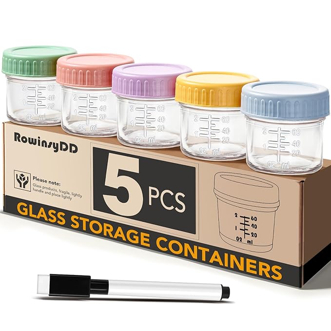 RowinsyDD 5 Pack Glass Baby Food Storage Containers, 4 oz Leakproof Baby Food Jars with Lids, Small Glass Food Containers for Infant Baby, Freezer & Microwave Safe, BPA Free
