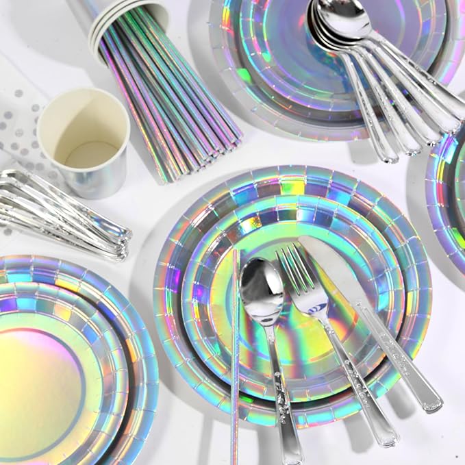 200 pieces of silver party supplies, disposable tableware set, silver paper plates, cups, napkins, plastic knives, forks and spoons, for 25 people