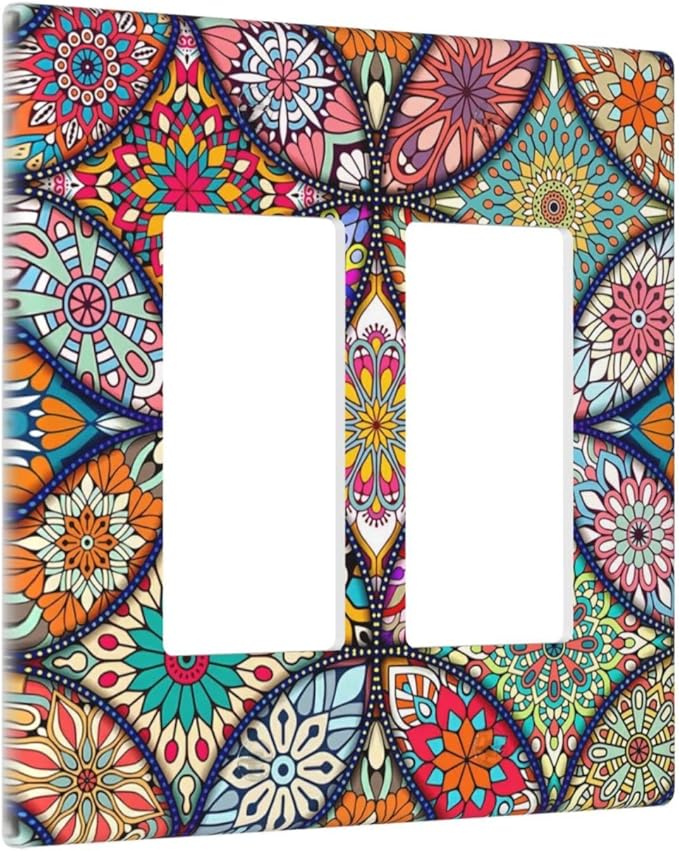 Bohemian Double Rocker Wall Plate Decorative 2 Gang Light Switch Cover colorful Vintage Floral Mandala Flower Gfci Electrical Switchplate Home for Bathroom Bedroom Kitchen Decor 4.6"X4.5"