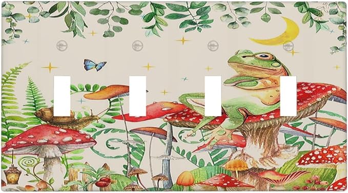 Light Switch Covers Boho Mushrooms Frogs Butterflies Flowers Moon Stars Quad Toggle 4 Gang Wall Plate Electrical Faceplate Decorative Switch Plates for Kids room Bedroom Decor