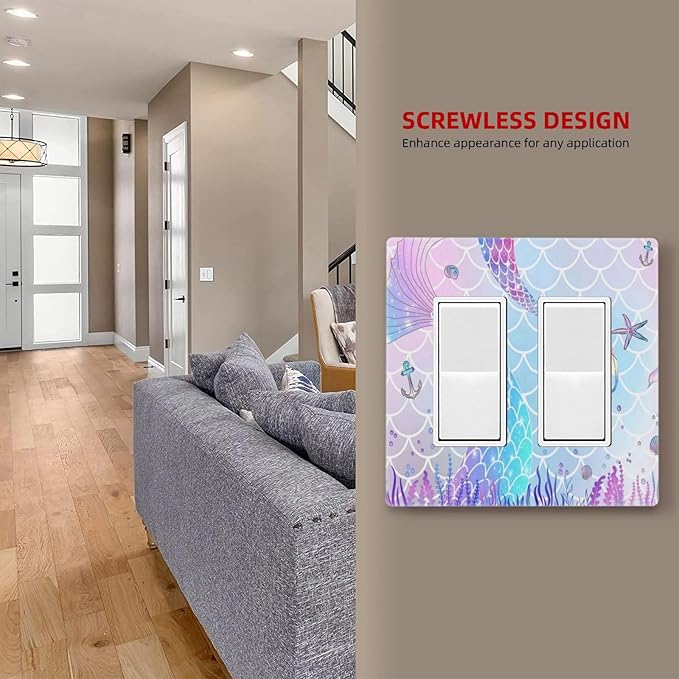Watercolor Cute Kids Girl Purple Pink Mermaid Tail Scales Starfish 2 Gang Screwless Double Decorator/GFCI Wall Plate Rocker Outlet Light Switch Decorative Two Dual Device Receptacle Face Plate Cover