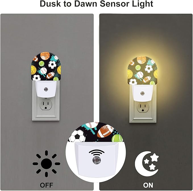 Cartoon Sports Balls Night Light for Kids,Various Balls Plug in Night Light with Dusk to Dawn Sensor, 0.5w Energy Saving Nightlight for Hallway Stairway Kitchen Bedroom
