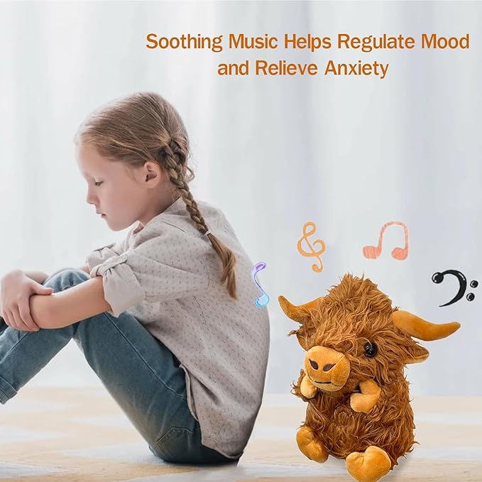 Highland Cow Soothing Breathing Stuffed Animal for Anxiety Kids, Sleeping Cow Plush Toy, Anxiety Stuffed Animal with Realistic Breathing Action and Lighted Music Easter Basket Stuffers