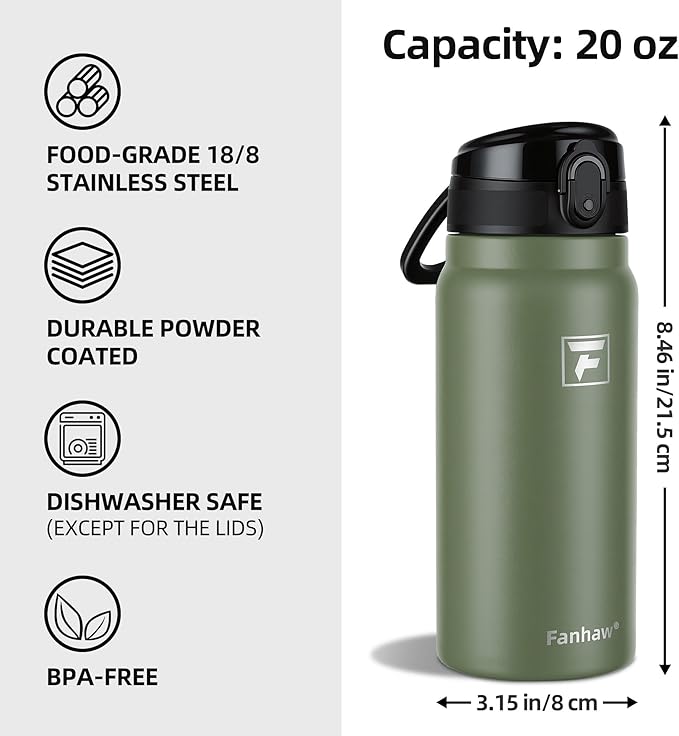 Fanhaw 20 Oz Insulated Stainless Steel Water Bottle with Chug Lid – Wide Mouth, Leak-Proof, BPA-Free – Ideal for Kids, Adults, Sports, Gym, and Outdoor Use (Olive Green)