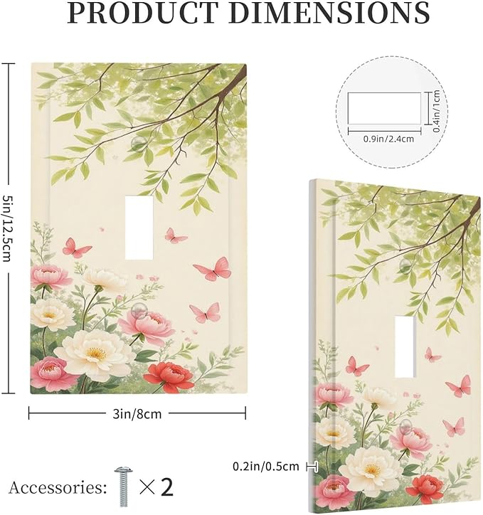 Decorative Light Switch Cover Garden Flowers Green Leaves And Butterflies 1 Gang Single Toggle Decorator Outlet Wall Plate Device Electrical Faceplate Switchplates for Bedroom Cabin Decor