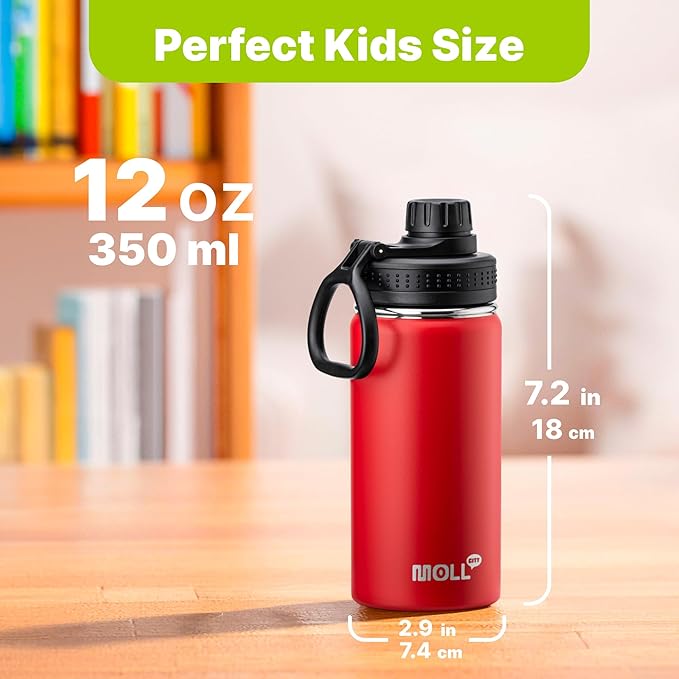 12 oz Water Bottle Stainless Steel Vacuum Insulated Wide Mouth Sports Flask, 2 Pack Water Bottle with Leakproof Spout Lid (Canyon Red-Sky Blue)