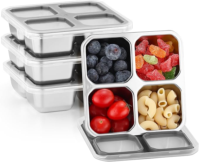 BEFOY 4 Pack Stainless Steel Snack Containers with Lids 4 Compartment Food Storage Containers for Adults & Kids Meal Prep Containers Reusablele (Gray, 4)
