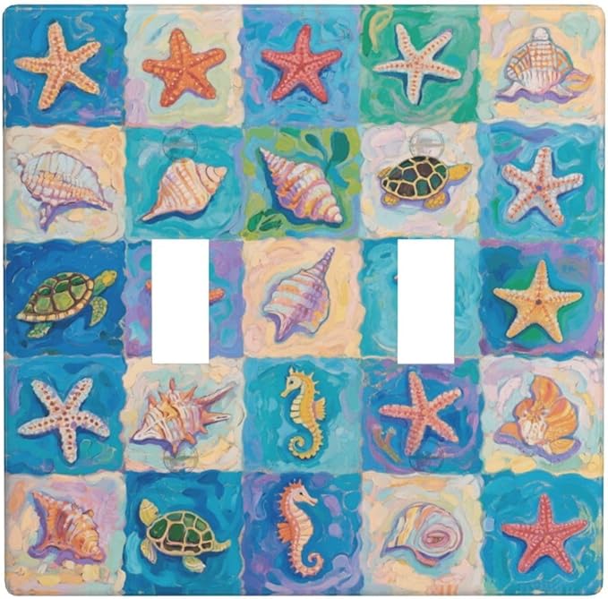 Sea Turtle Starfish Ocean Double Toggle Wall Plate Decorative 2 Gang Light Switch Covers Electrical Switchplate Home Decorate Faceplat for Bathroom Bedroom Kitchen Room 4.5 x 4.5 Inch