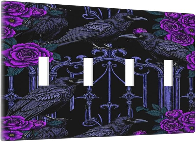 Light Switch Covers Gothic Style Crow Purple Flowers Quad Toggle 4 Gang Wall Plate Electrical Faceplate Decorative Switch Plates for Bedroom living Room Decor