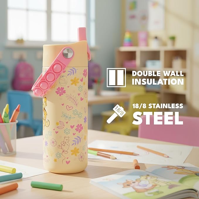 Elemental Insulated Kids Water Bottle, Stainless Steel Water Bottle with Straw Lid & Pop-It Handle, Leak-Proof Water Bottles for School, Boys or Girls, Travelling and Sports, 18oz - Classic Pooh