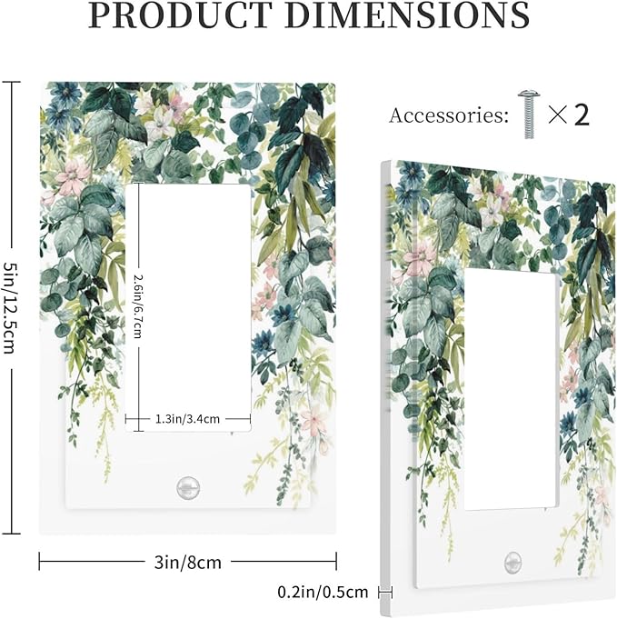 Colorful Plant Flower Sage Eucalyptus Leaves Decorative Outlet Covers 1 Gang Single Rocker Light Switch Cover Plate Wall Plates GFCI Faceplate for Bedroom Living Room Decor