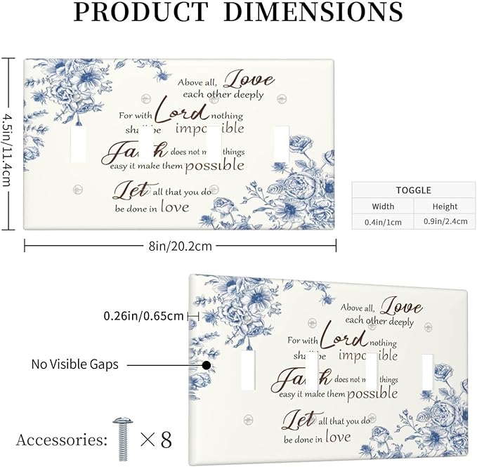 Decorative Light Switch Cover Plate Inspirational Quotes Blue Flower Floral 4 Gang Wall Plates for Electrical Outlets Quad Toggle Switch Plate Covers Outlet Covers Faceplate for Home Decor