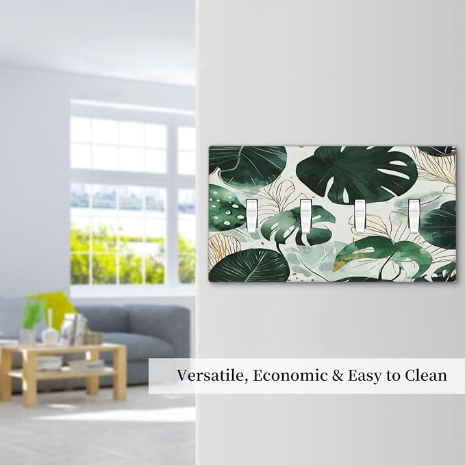 Boho Tropical Green Leaf Watercolor Banana Leaves Light Switch Covers Quad Toggle Electrical Faceplate 4 Gang Wall Plate Decorative Switch Plates For Bed Room Living Room Decor