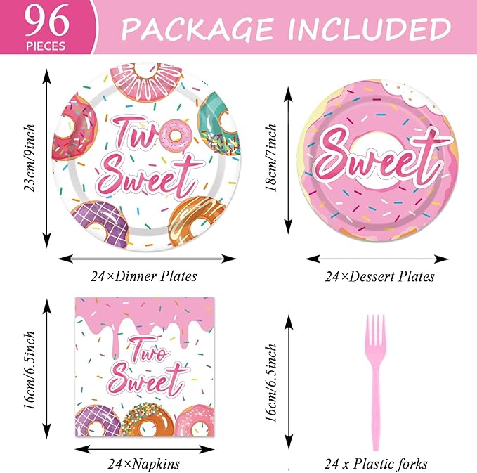 ZOIIWA 96 Pcs Two Sweet Donut Birthday Party Supplies Girls Donut Themed Tableware Table Decor Baby Girl 2nd Birthday Paper Plates Napkins Disposable Dinnerware Party Favor for Baby Shower 24 Guests