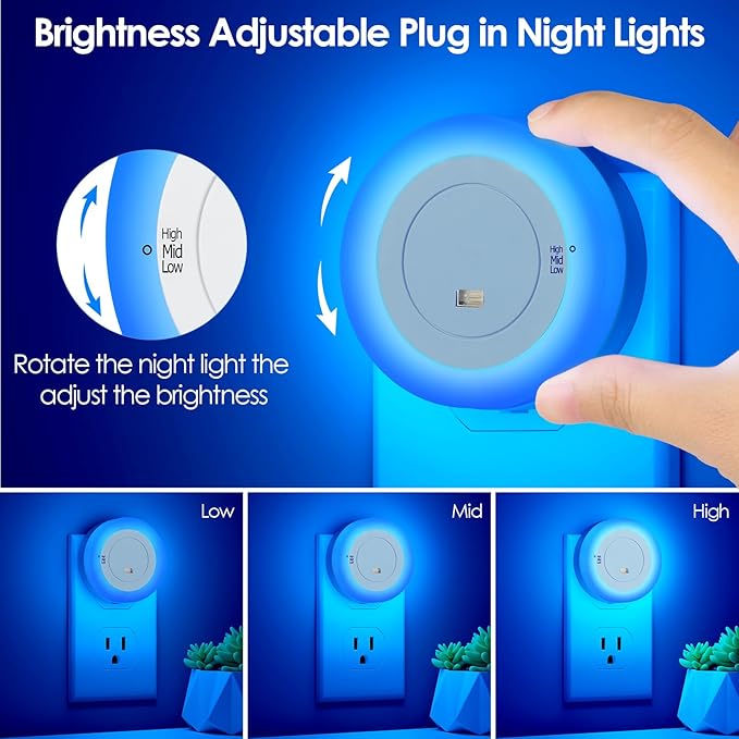 FOLKSMATE LED Night Light, Dimmable Plug-in Dusk to Dawn Sensor Hallway Lights, Smart Nightlight for Bathroom, Bedroom, Adults & Kids Room, Kitchen, Stairway, Blue, 2-Pack