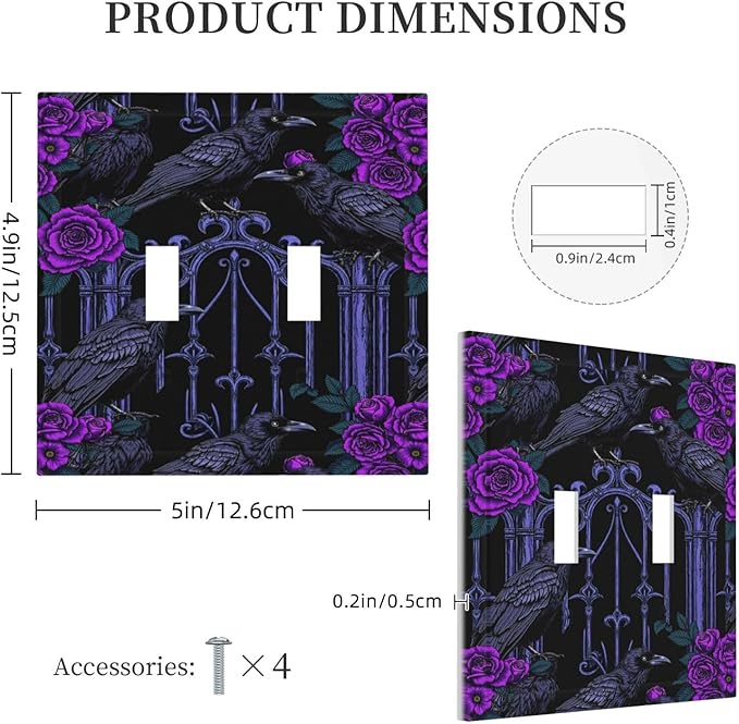 Decorative Switch Plates Gothic Style Crow Purple Flowers 2 Gang Double Toggle Wall Plate Outlet Light Switch Cover Electrical Faceplate for Bedroom living Room Decor